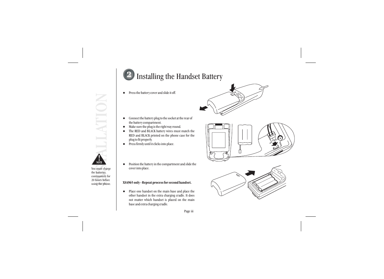 Inst alla tion, Installing the handset battery | Uniden XSA965 User Manual | Page 4 / 44