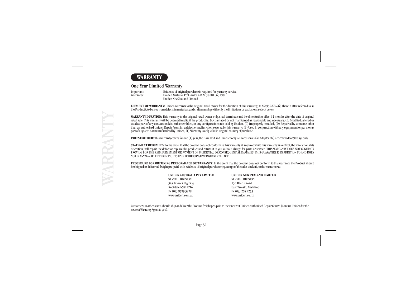 Wa rr anty, Warranty | Uniden XSA965 User Manual | Page 42 / 44