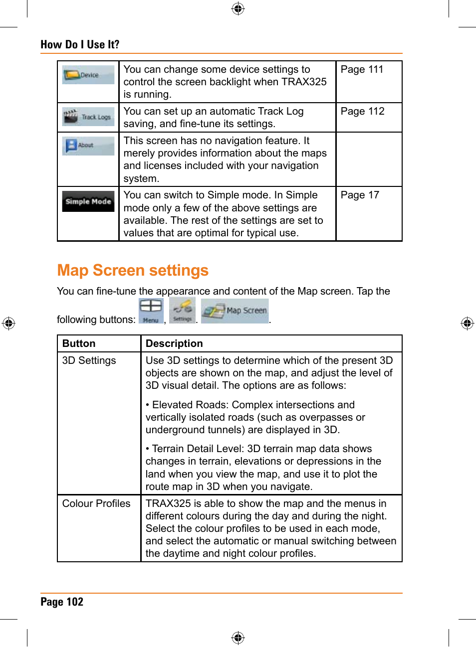 Map screen settings | Uniden TRAX325 User Manual | Page 102 / 120