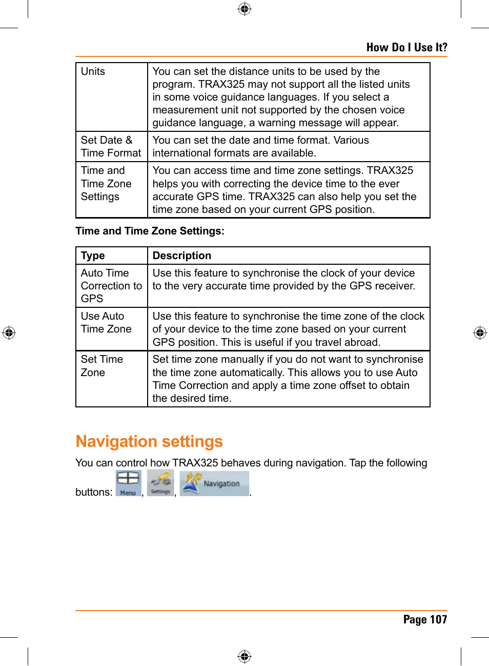 Navigation settings | Uniden TRAX325 User Manual | Page 107 / 120