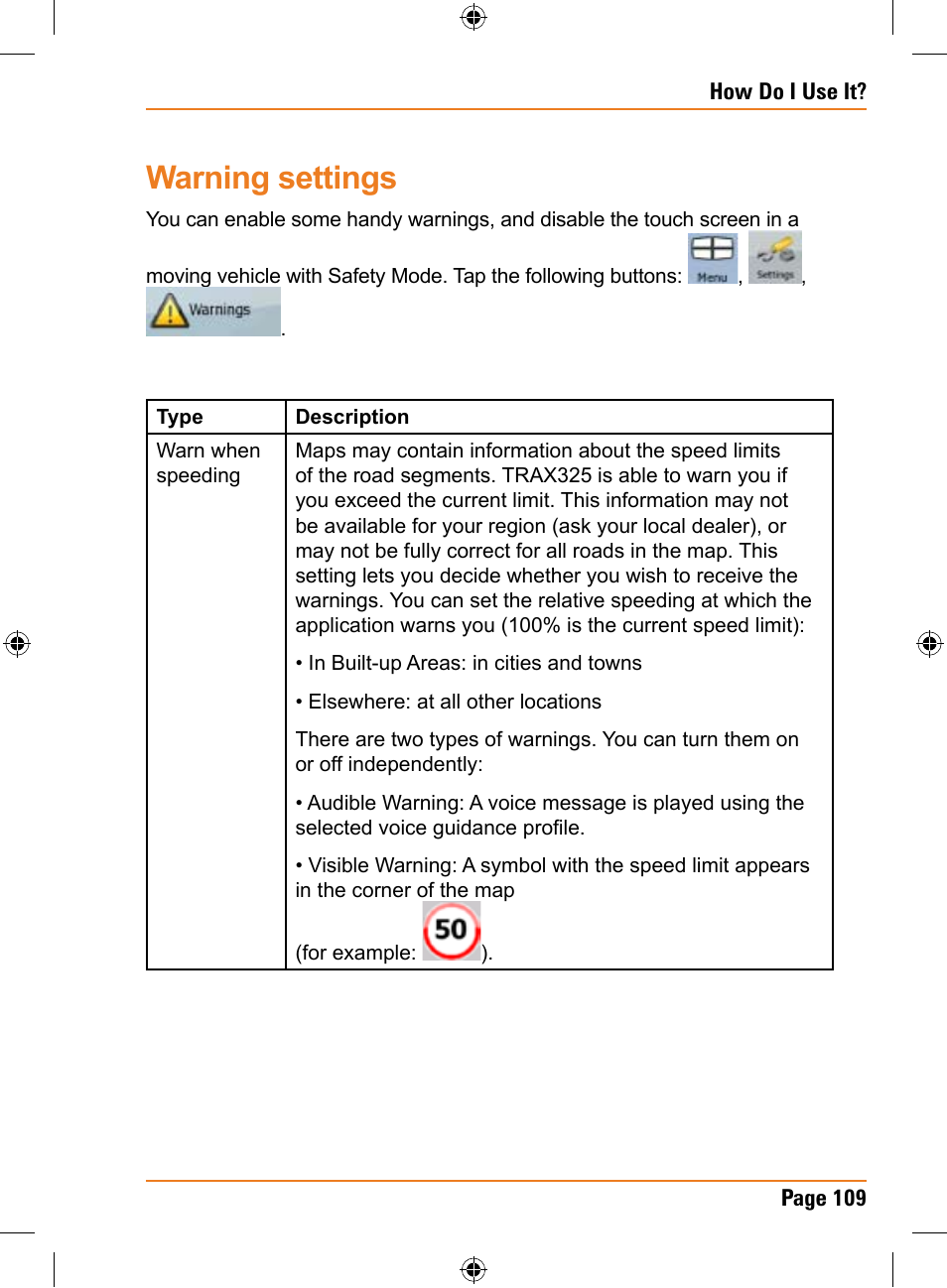 Warning settings | Uniden TRAX325 User Manual | Page 109 / 120