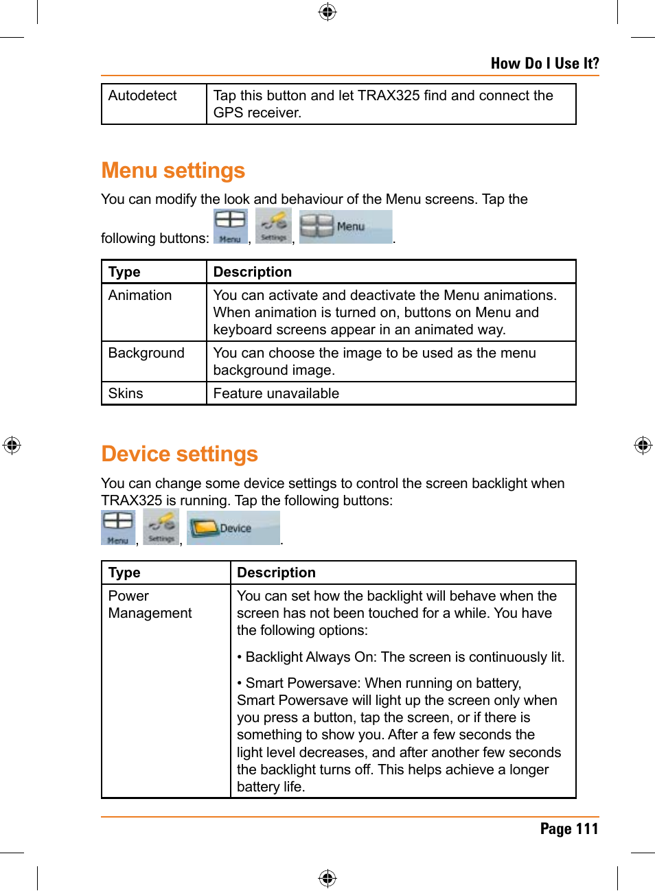 Menu settings, Device settings | Uniden TRAX325 User Manual | Page 111 / 120