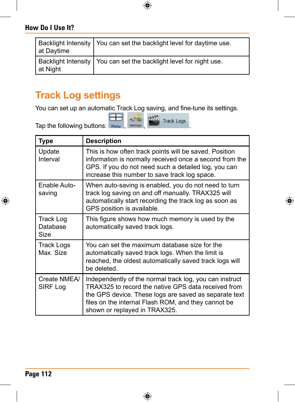 Track log settings | Uniden TRAX325 User Manual | Page 112 / 120