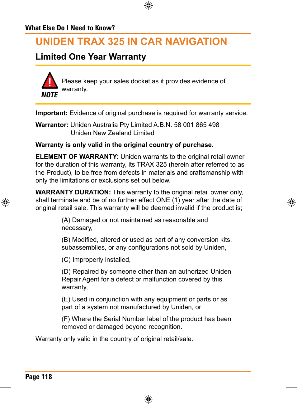 Uniden trax 325 in car navigation, Limited one year warranty | Uniden TRAX325 User Manual | Page 118 / 120