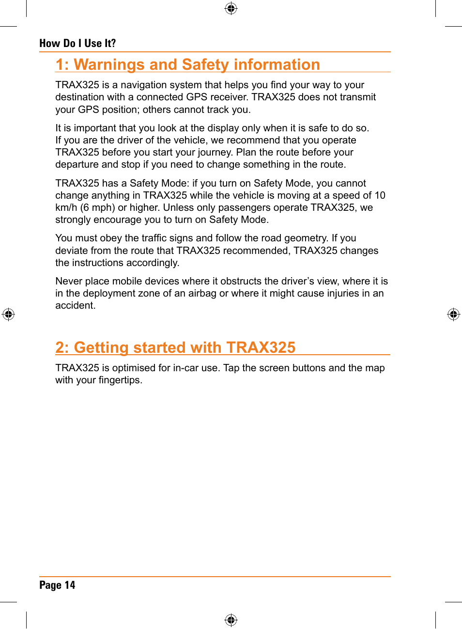 Warnings and safety information, Getting started with trax325 | Uniden TRAX325 User Manual | Page 14 / 120