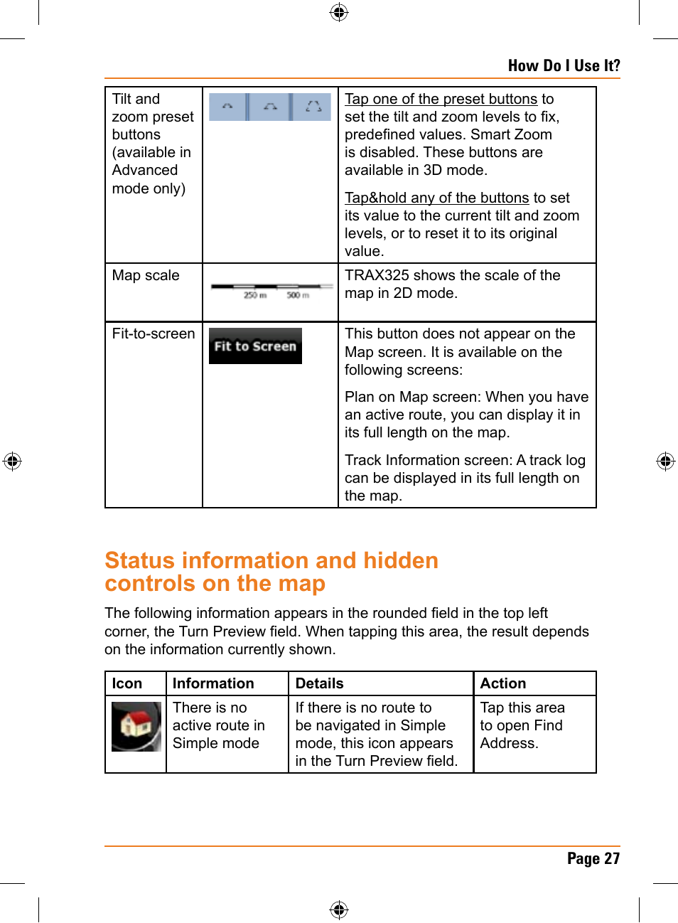 Status information and hidden controls on the map | Uniden TRAX325 User Manual | Page 27 / 120