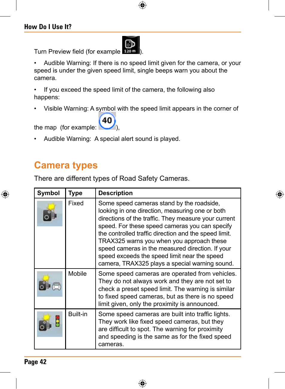 Camera types | Uniden TRAX325 User Manual | Page 42 / 120