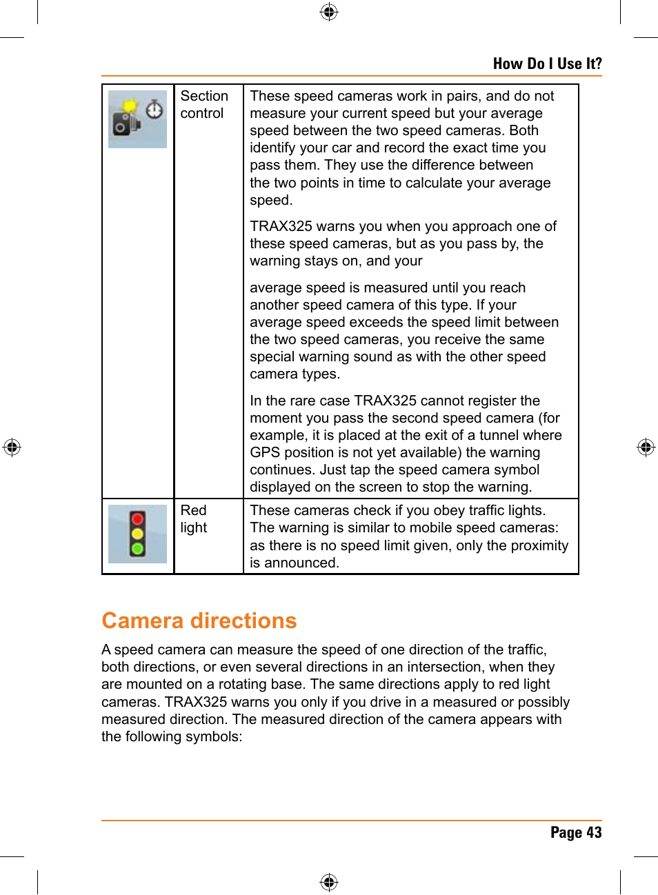 Camera directions | Uniden TRAX325 User Manual | Page 43 / 120
