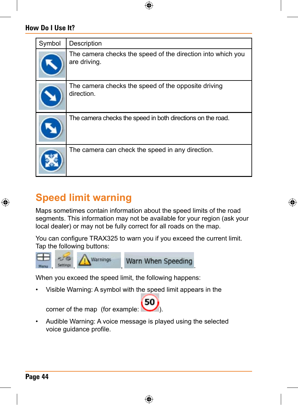 Speed limit warning | Uniden TRAX325 User Manual | Page 44 / 120