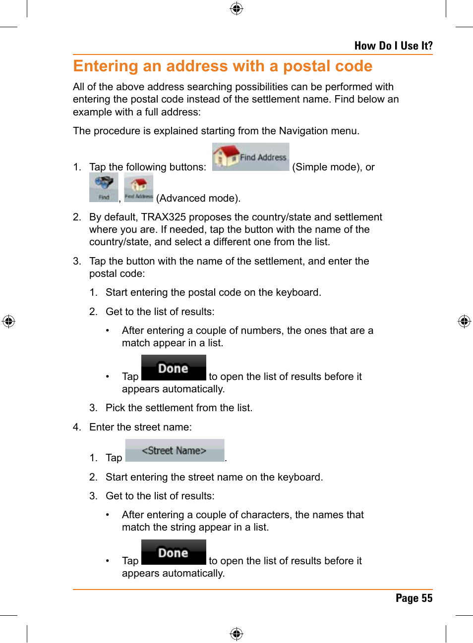 Entering an address with a postal code | Uniden TRAX325 User Manual | Page 55 / 120