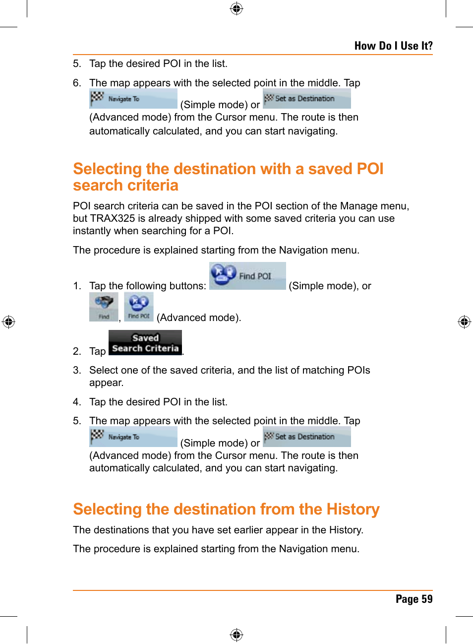 Selecting the destination from the history | Uniden TRAX325 User Manual | Page 59 / 120