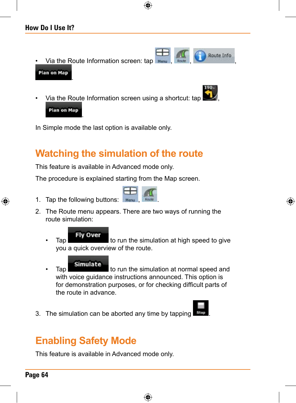 Watching the simulation of the route, Enabling safety mode | Uniden TRAX325 User Manual | Page 64 / 120