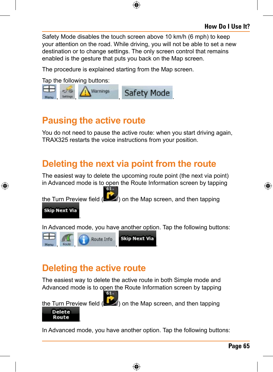 Pausing the active route, Deleting the next via point from the route, Deleting the active route | Uniden TRAX325 User Manual | Page 65 / 120