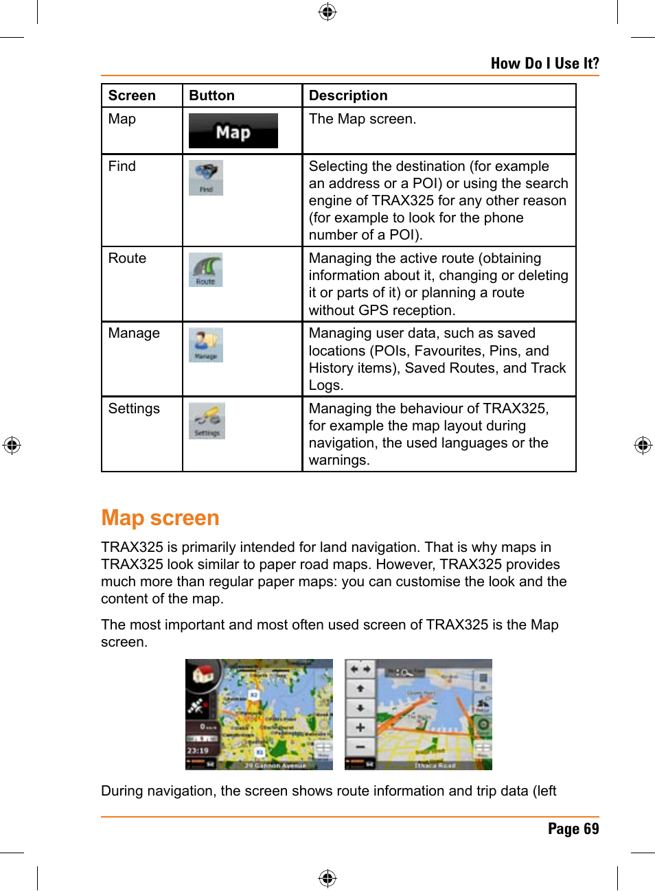 Map screen | Uniden TRAX325 User Manual | Page 69 / 120