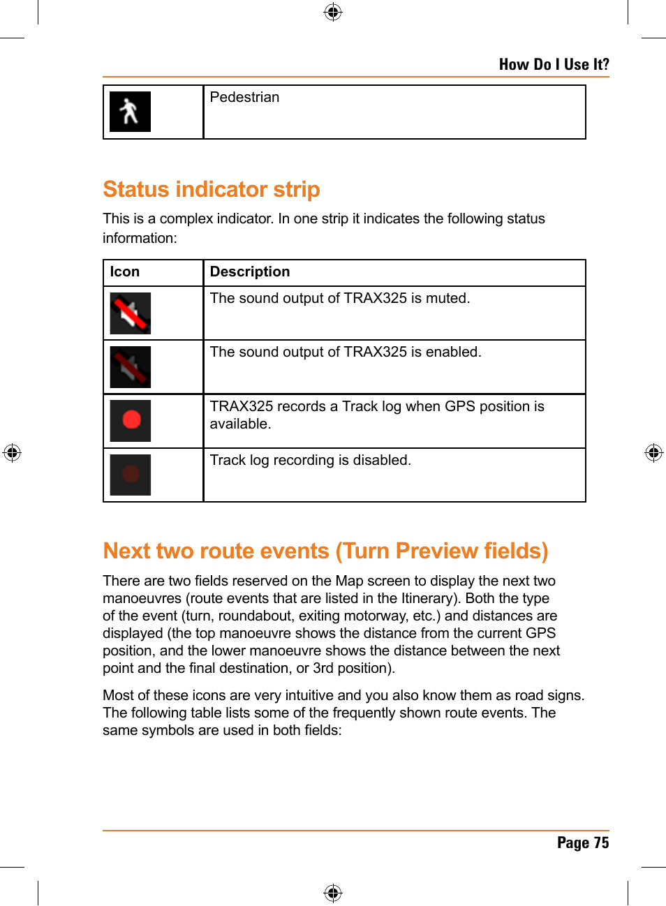 Status indicator strip, Next two route events (turn preview fields) | Uniden TRAX325 User Manual | Page 75 / 120