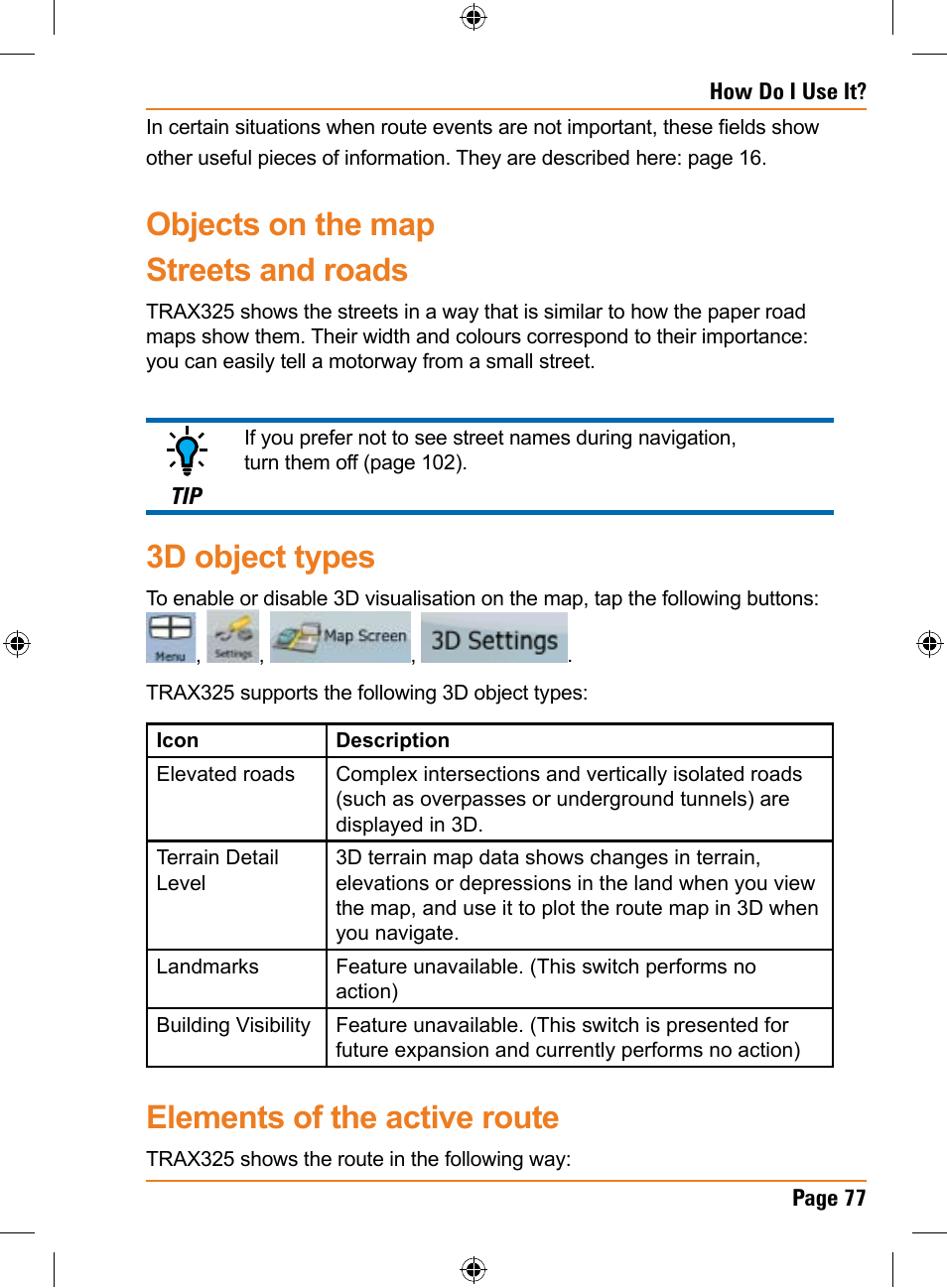 Objects on the map streets and roads, 3d object types, Elements of the active route | Uniden TRAX325 User Manual | Page 77 / 120
