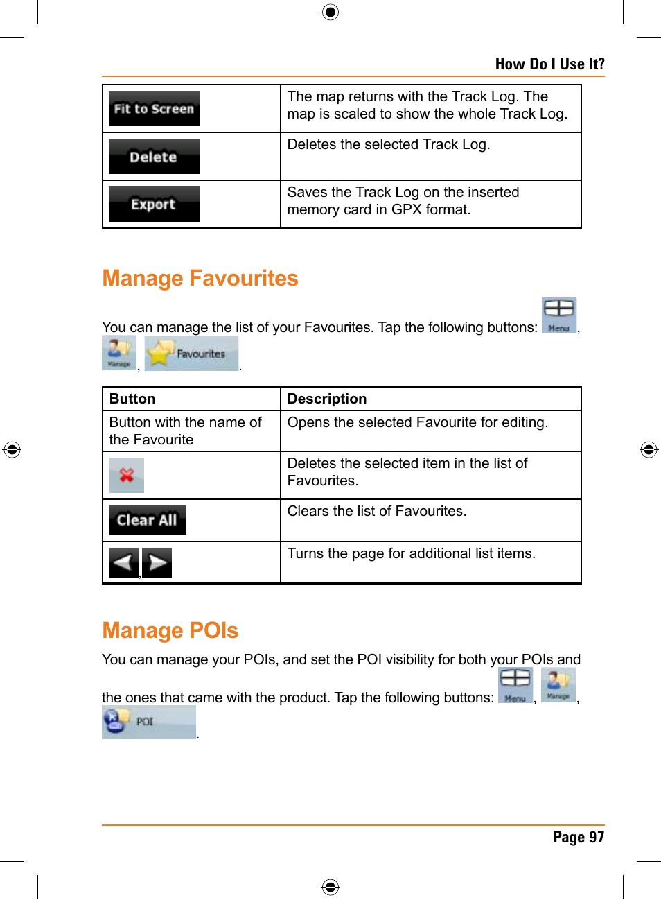 Manage favourites, Manage pois | Uniden TRAX325 User Manual | Page 97 / 120