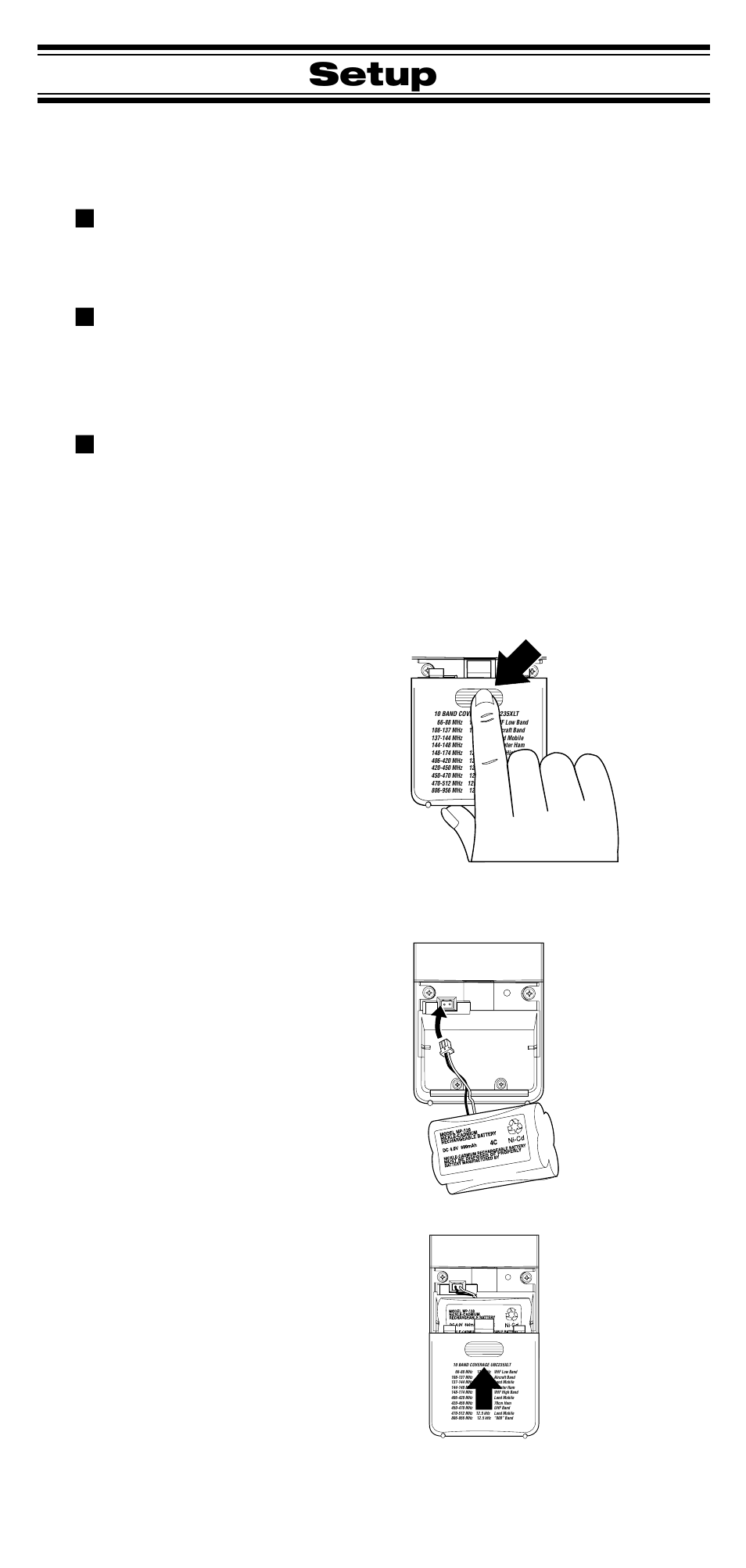 Setup, Installing the battery pack | Uniden UBC 245XLT User Manual | Page 15 / 90