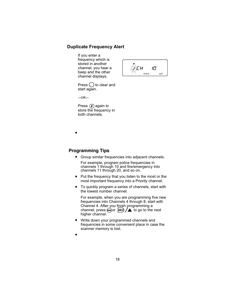 Duplicate frequency alert, Programming tips | Uniden UBC 245XLT User Manual | Page 22 / 90