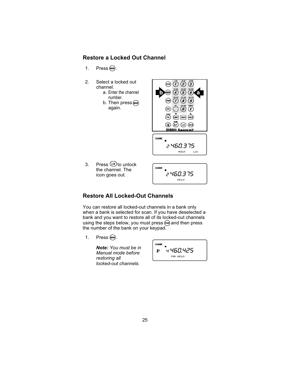 Restore a locked out channel, Restore all locked-out channels | Uniden UBC 245XLT User Manual | Page 29 / 90