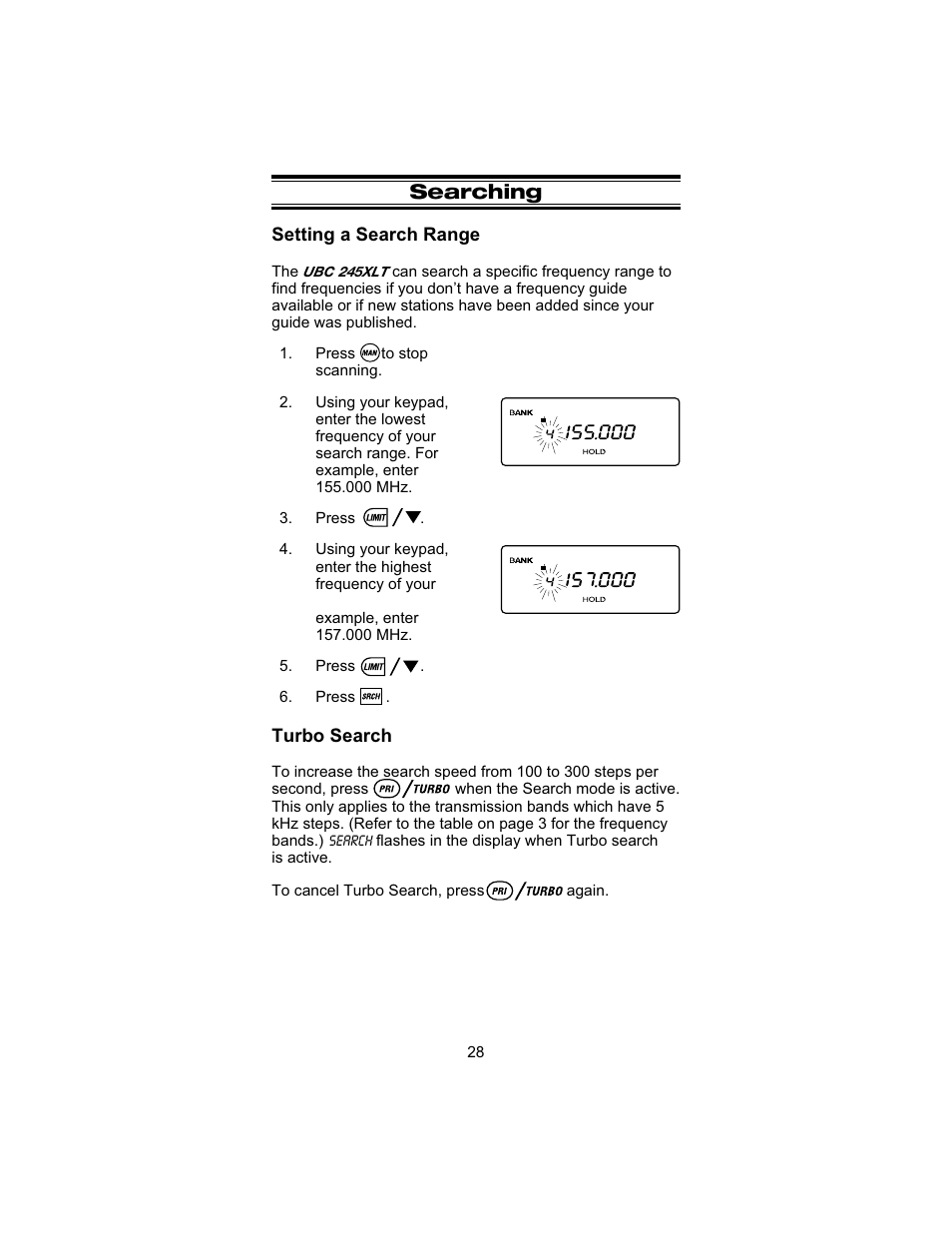 Searching, Setting a search range, Turbo search | Uniden UBC 245XLT User Manual | Page 32 / 90