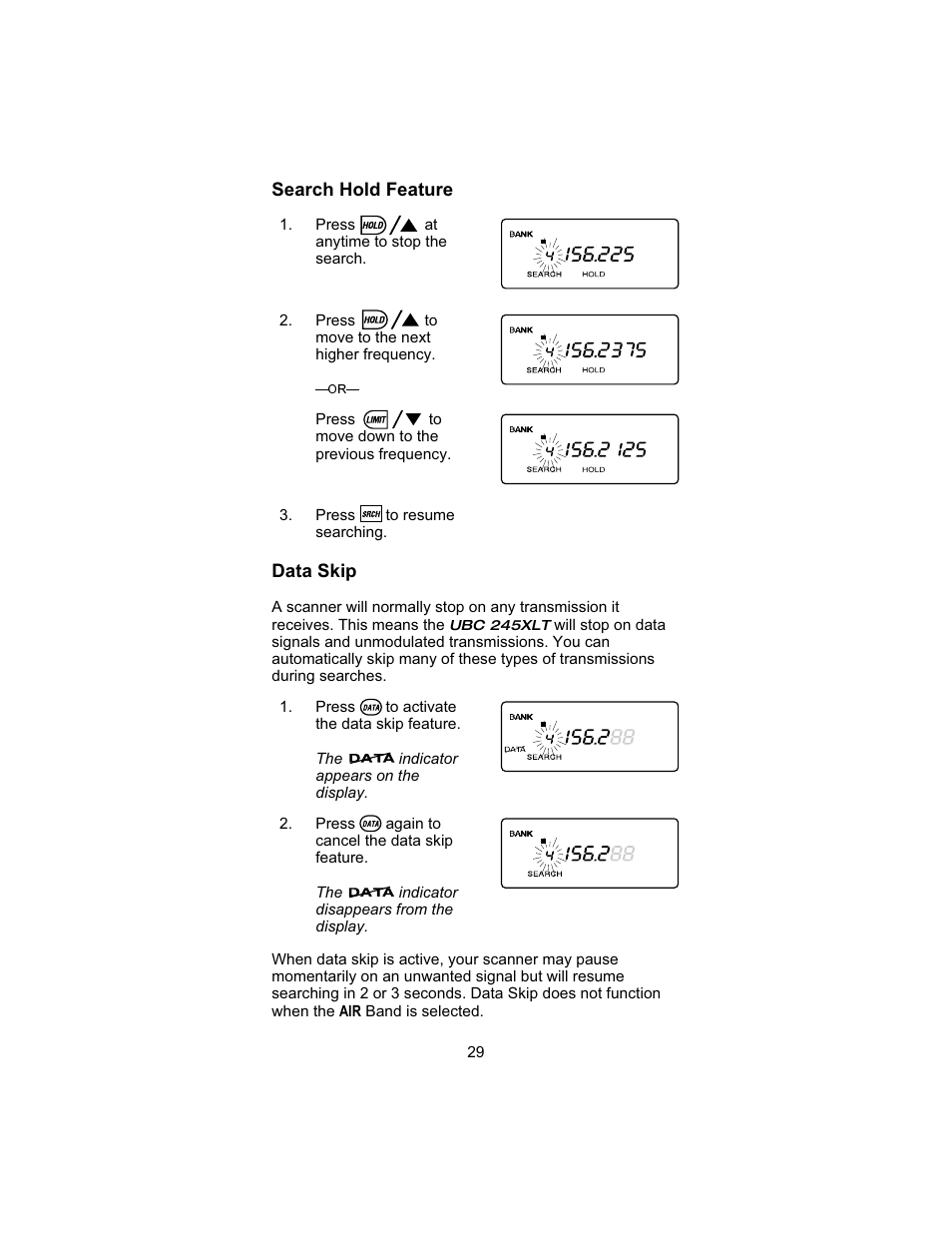 Search hold feature, Data skip | Uniden UBC 245XLT User Manual | Page 33 / 90