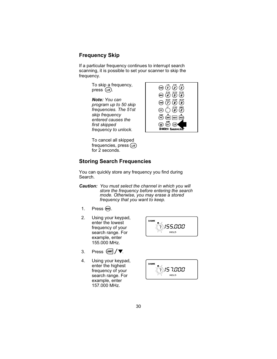 Frequency skip, Storing search frequencies | Uniden UBC 245XLT User Manual | Page 34 / 90