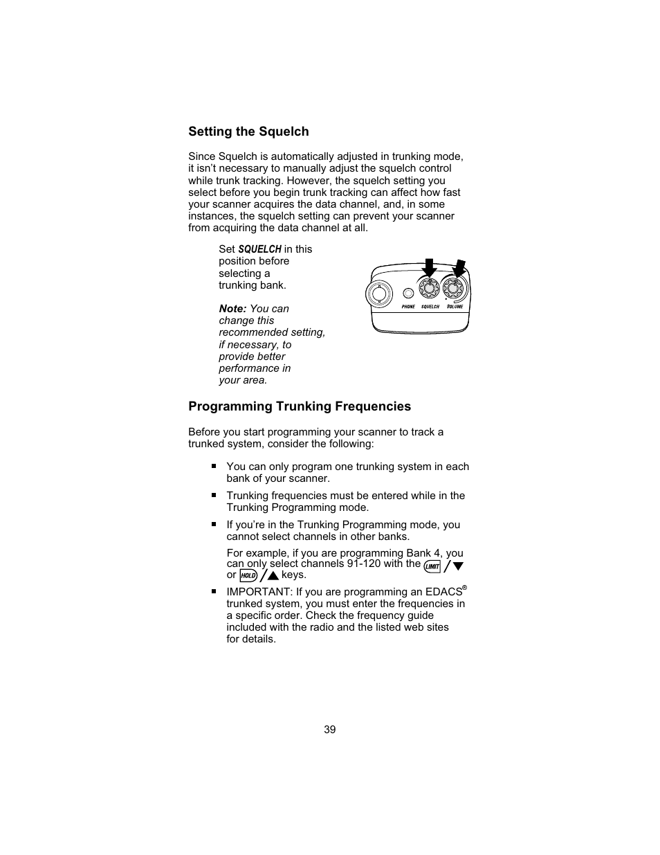 Setting the squelch, Programming trunking frequencies | Uniden UBC 245XLT User Manual | Page 43 / 90