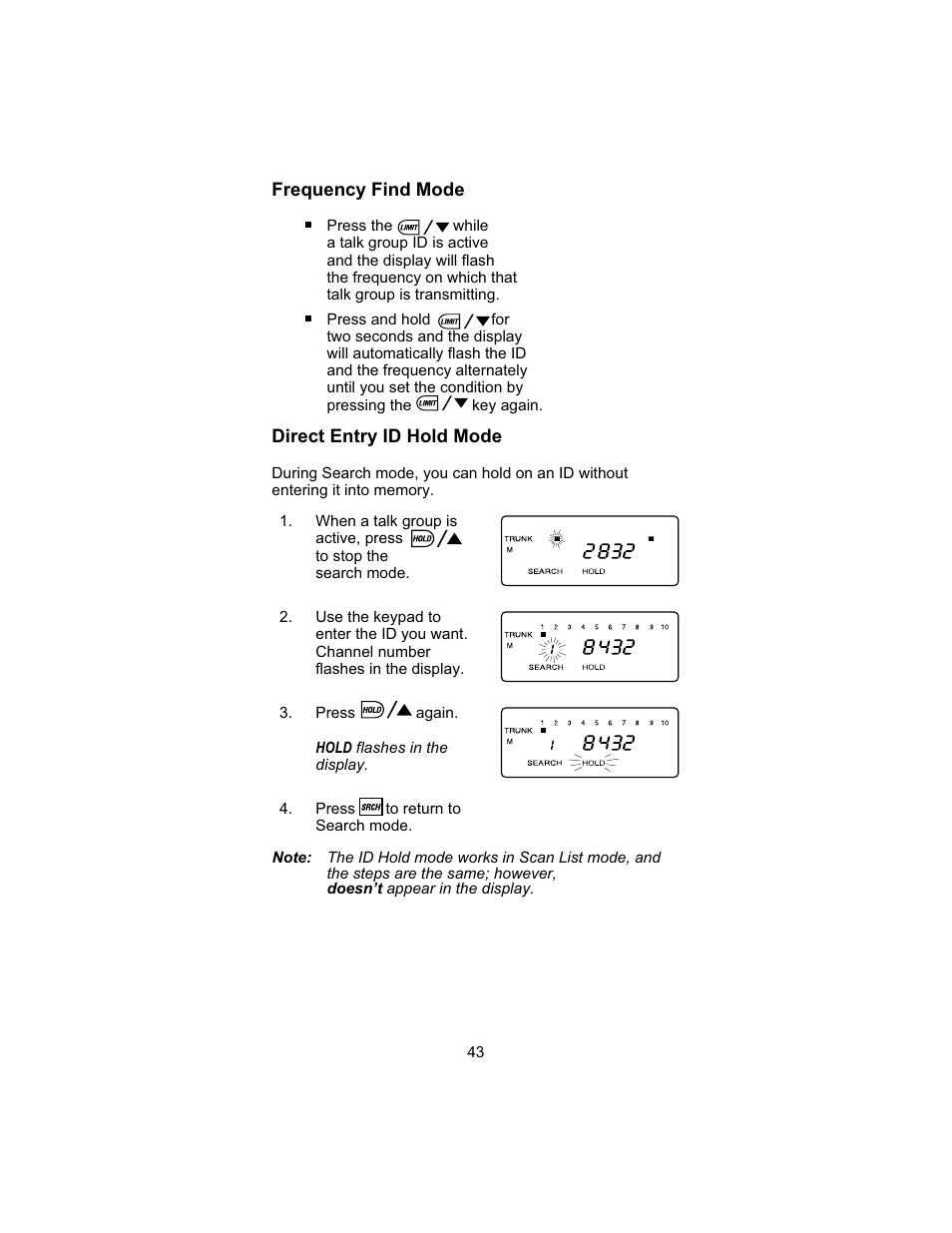 Frequency find mode, Direct entry id hold mode | Uniden UBC 245XLT User Manual | Page 47 / 90