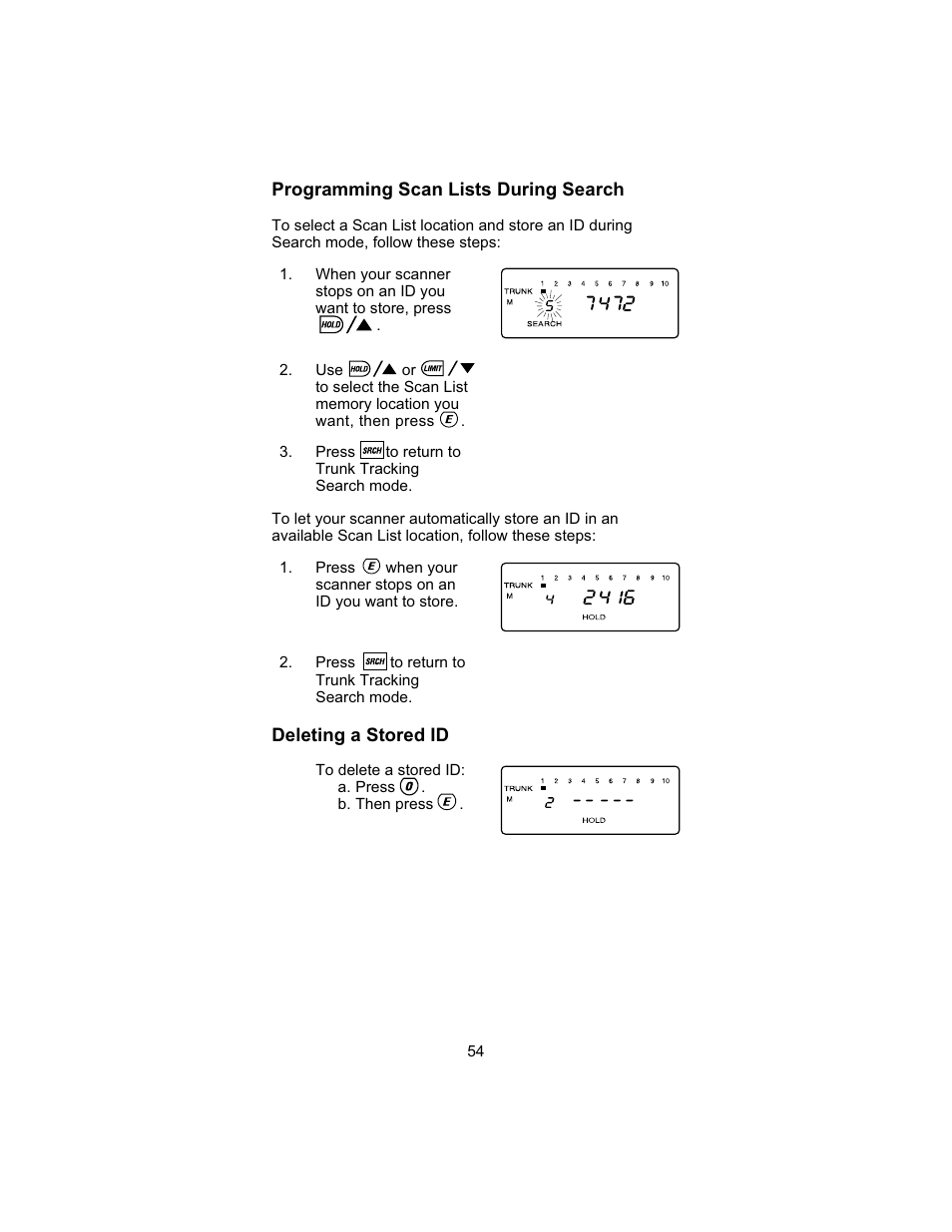 Programming scan lists during search, Deleting a stored id | Uniden UBC 245XLT User Manual | Page 58 / 90