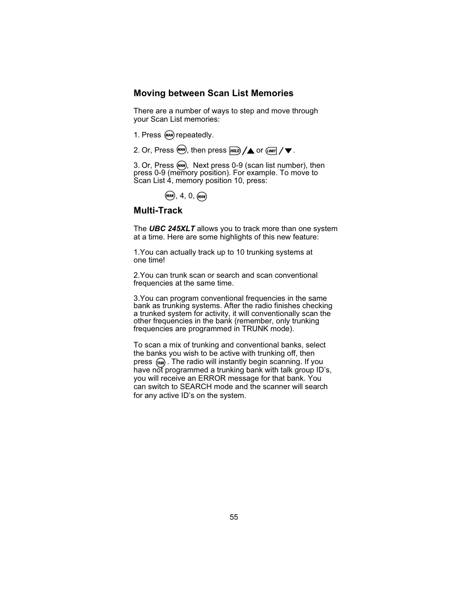 Moving between scan list memories, Multi-track | Uniden UBC 245XLT User Manual | Page 59 / 90