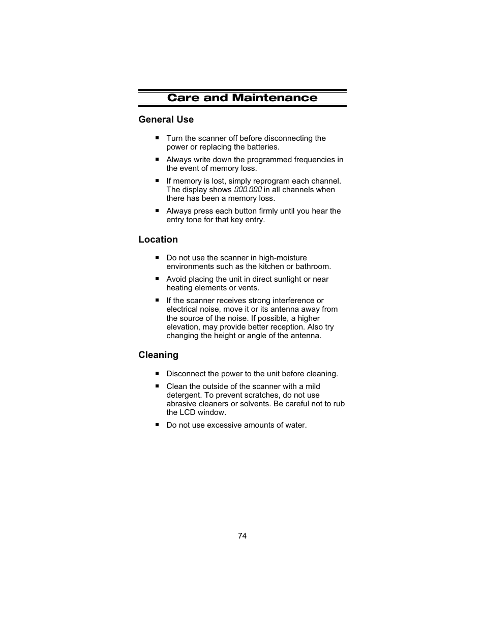 Care and maintenance, General use, Location | Cleaning | Uniden UBC 245XLT User Manual | Page 78 / 90