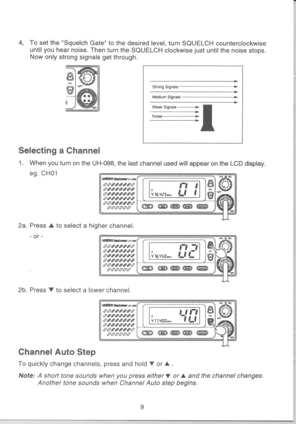 Selecting a channel, Channel auto step, Selecting a channel channel auto step | Uniden UH-088 User Manual | Page 10 / 32