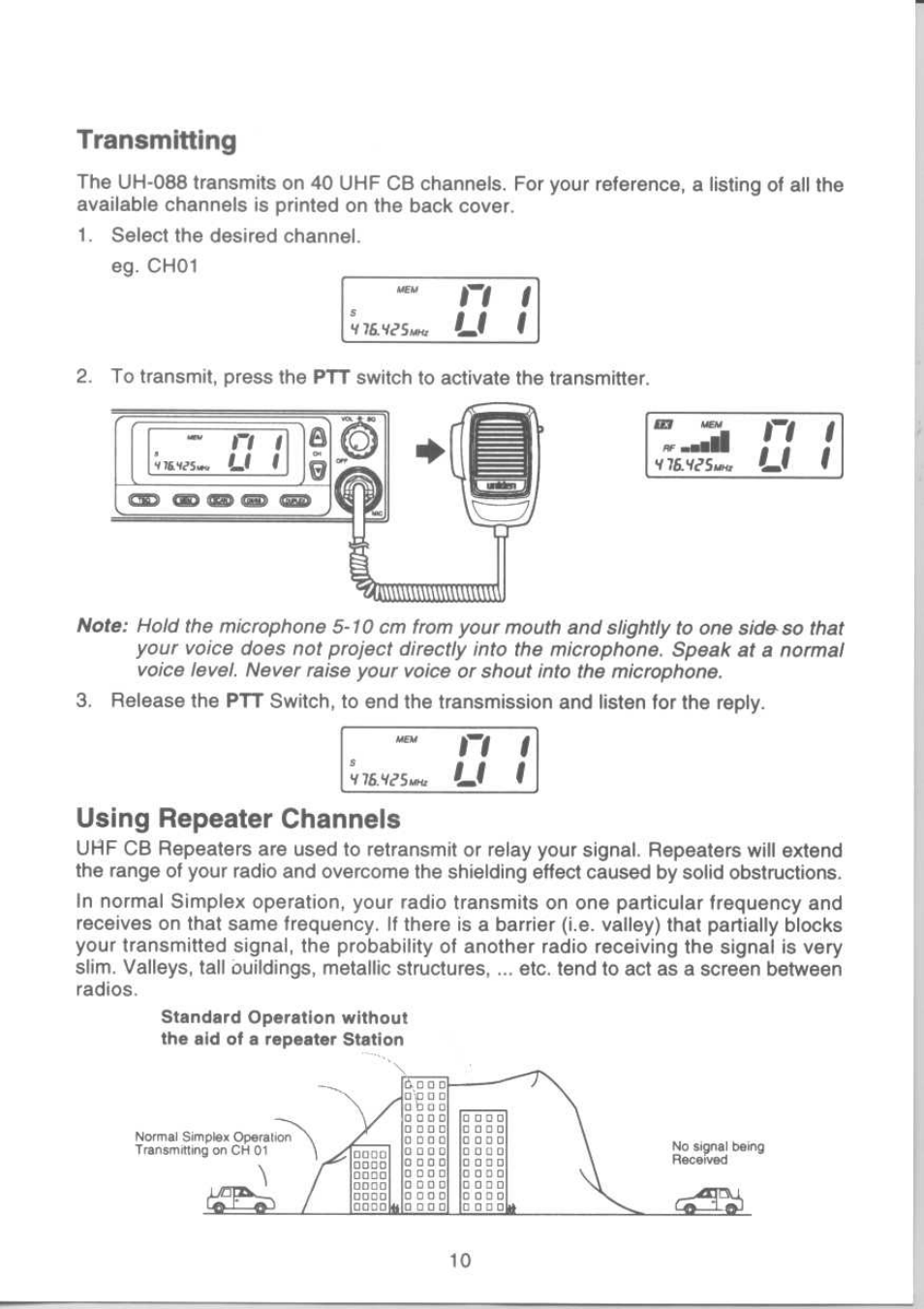 Transmitting, Using repeater channels | Uniden UH-088 User Manual | Page 11 / 32