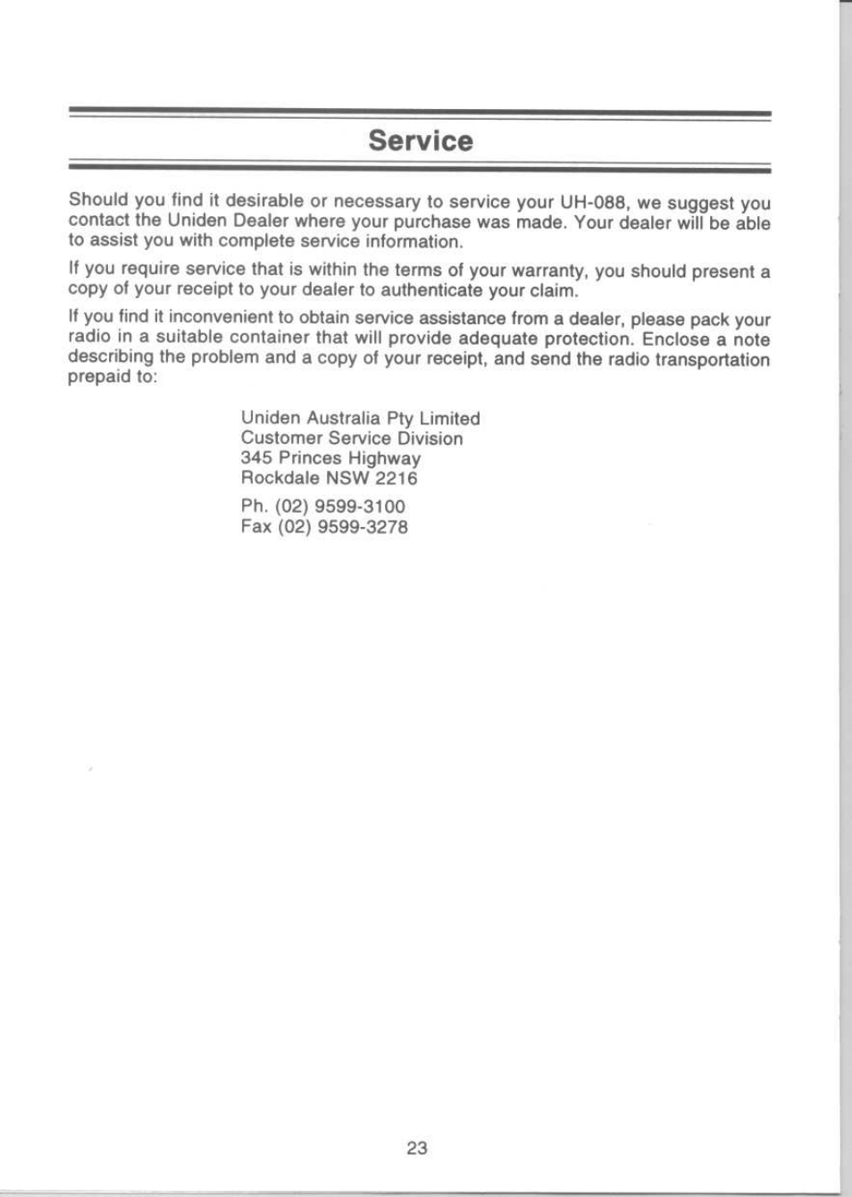 Service | Uniden UH-088 User Manual | Page 24 / 32