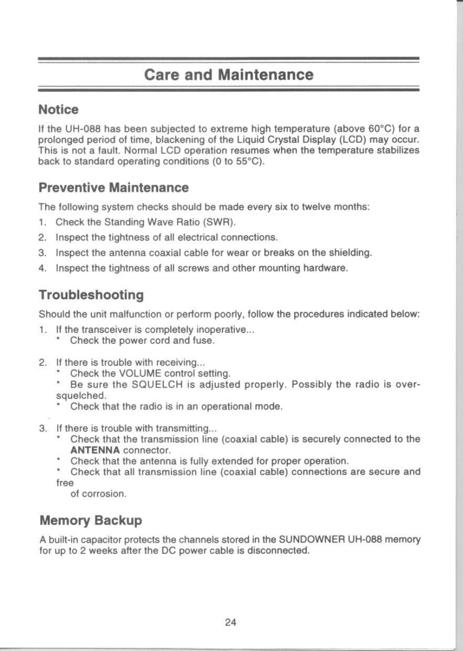 Care and maintenance, Notice, Preventive maintenance | Troubleshooting, Memory backup, Notice preventive maintenance, T roubleshooting | Uniden UH-088 User Manual | Page 25 / 32