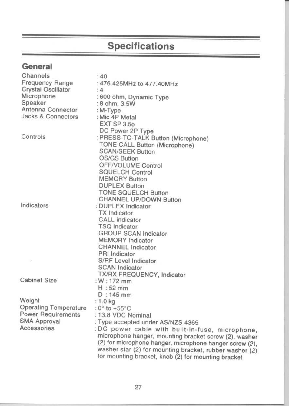 Specifications, General | Uniden UH-088 User Manual | Page 28 / 32