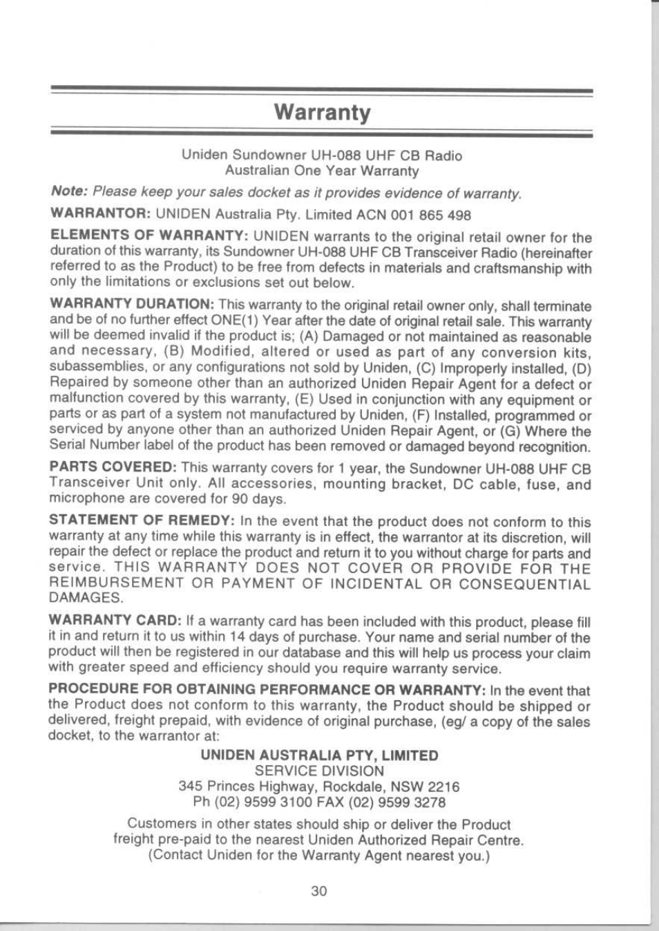 Warranty | Uniden UH-088 User Manual | Page 31 / 32