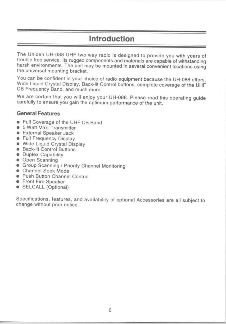 Introduction, General features | Uniden UH-088 User Manual | Page 7 / 32