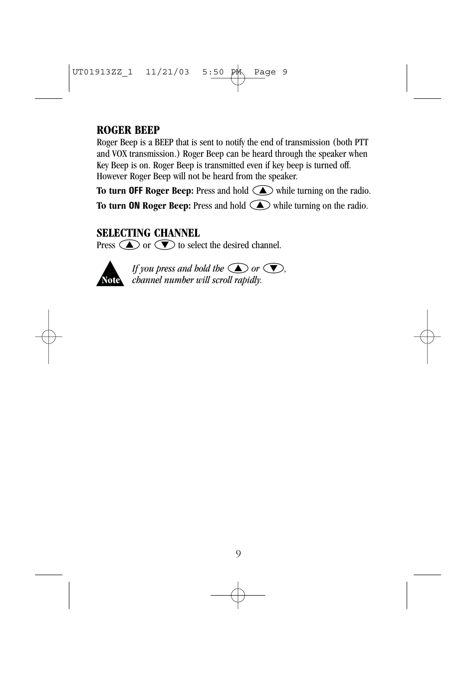 Roger beep, Selecting channel | Uniden UH075 User Manual | Page 11 / 30