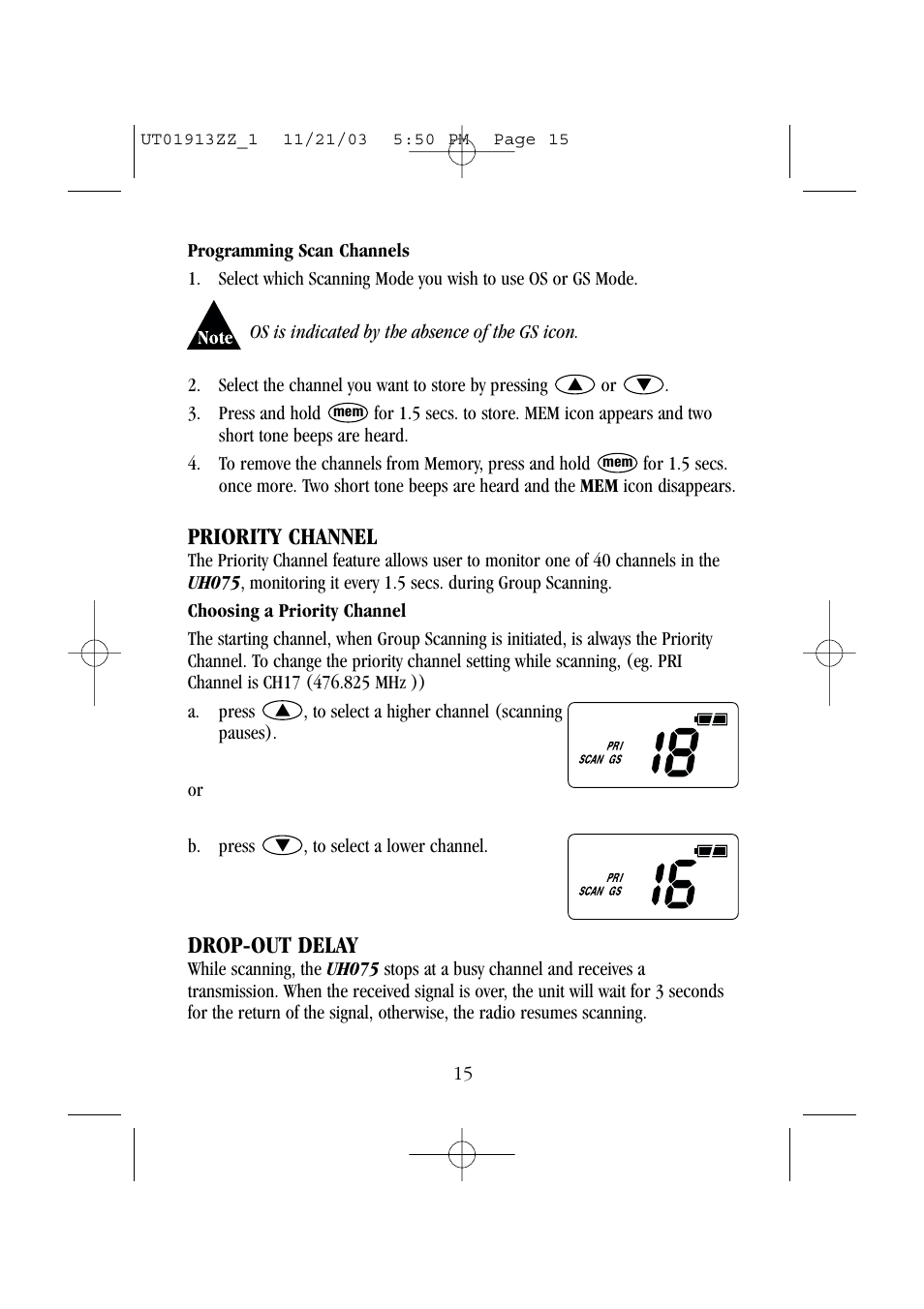 Priority channel, Drop-out delay | Uniden UH075 User Manual | Page 17 / 30