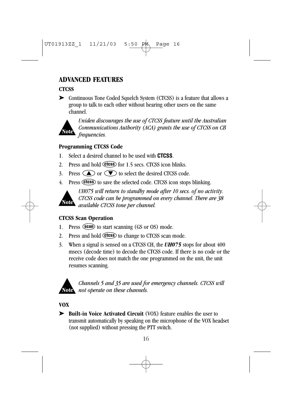 Advanced features | Uniden UH075 User Manual | Page 18 / 30
