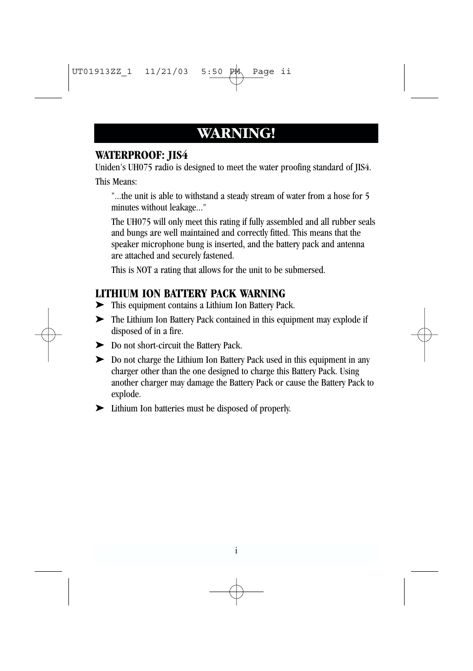 Warning | Uniden UH075 User Manual | Page 2 / 30