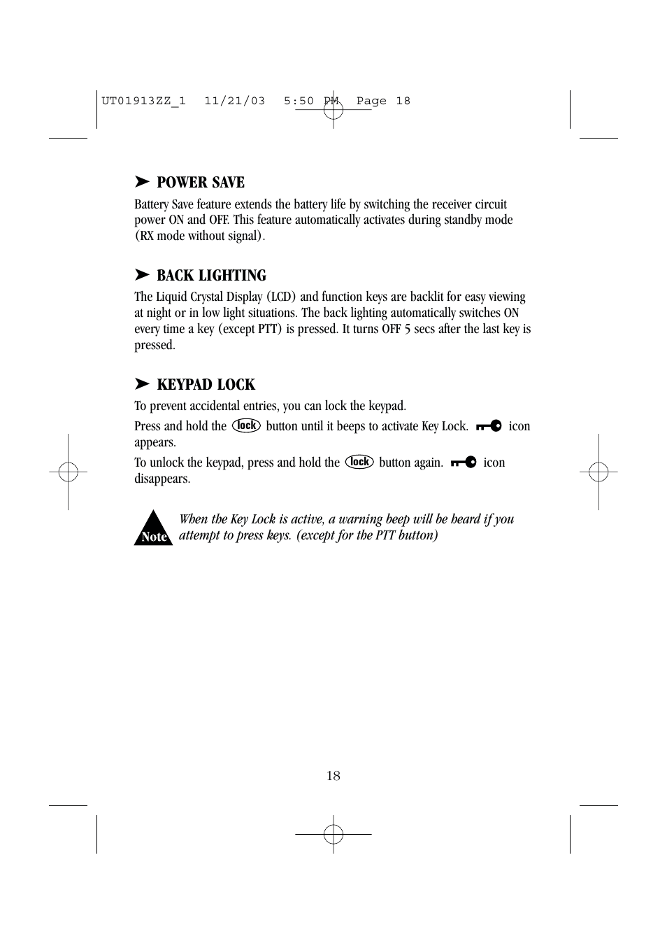 Power save, Back lighting, Keypad lock | Uniden UH075 User Manual | Page 20 / 30