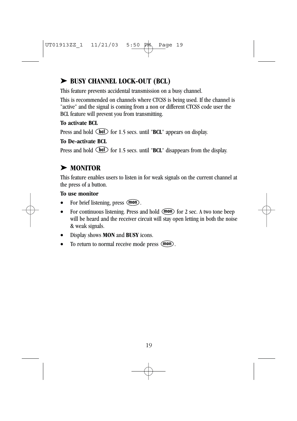 Busy channel lock-out (bcl), Monitor | Uniden UH075 User Manual | Page 21 / 30