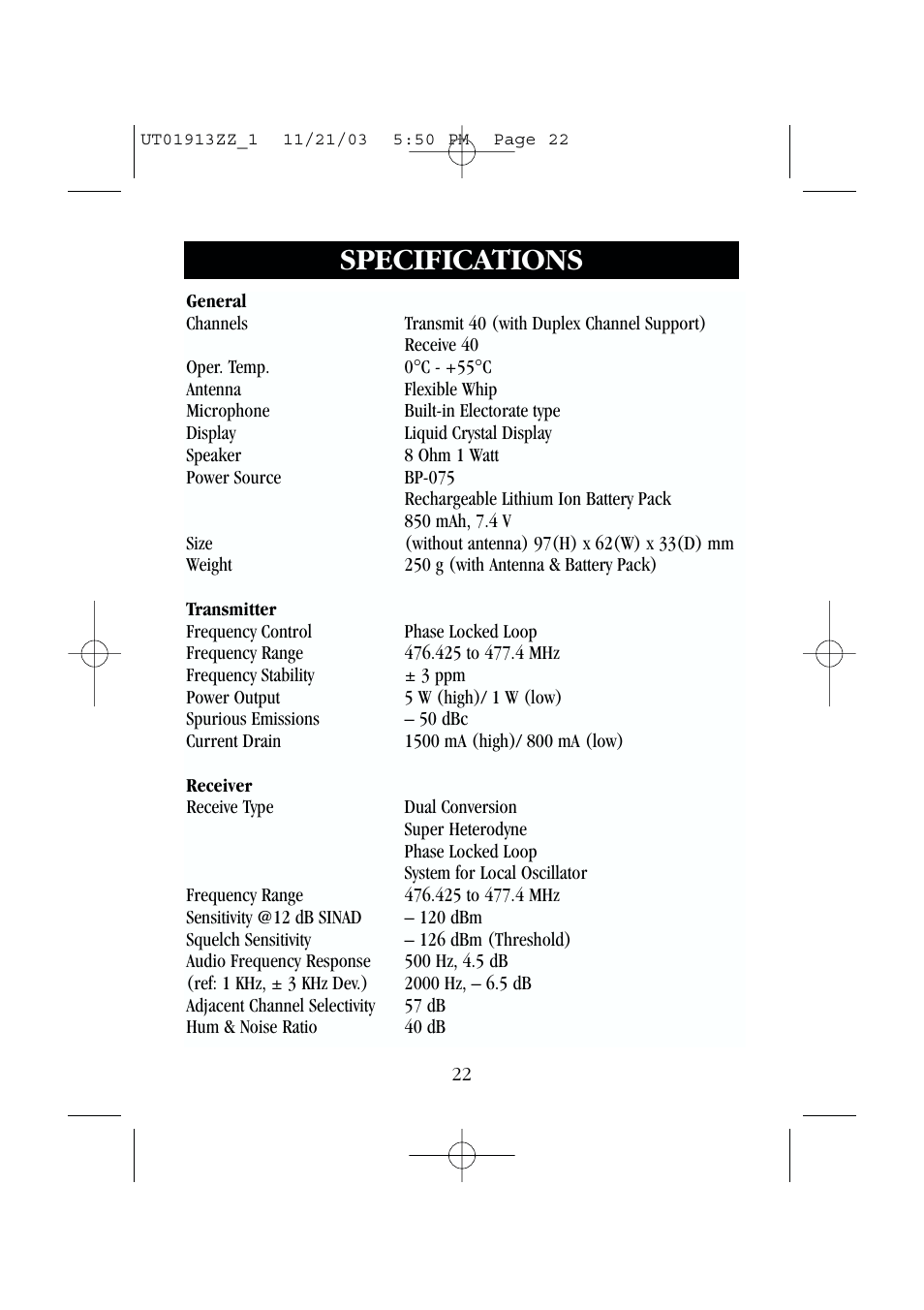 Specifications | Uniden UH075 User Manual | Page 24 / 30