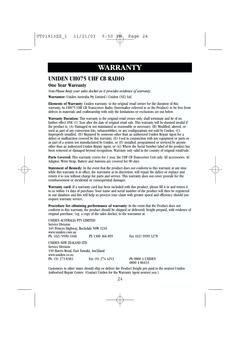 Warranty, Uniden uh075 uhf cb radio | Uniden UH075 User Manual | Page 26 / 30