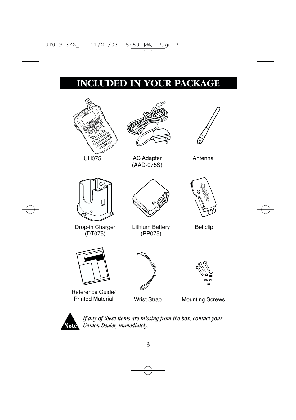 Included in your package | Uniden UH075 User Manual | Page 5 / 30