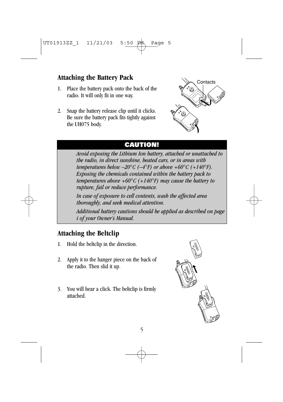 Attaching the battery pack, Attaching the beltclip | Uniden UH075 User Manual | Page 7 / 30