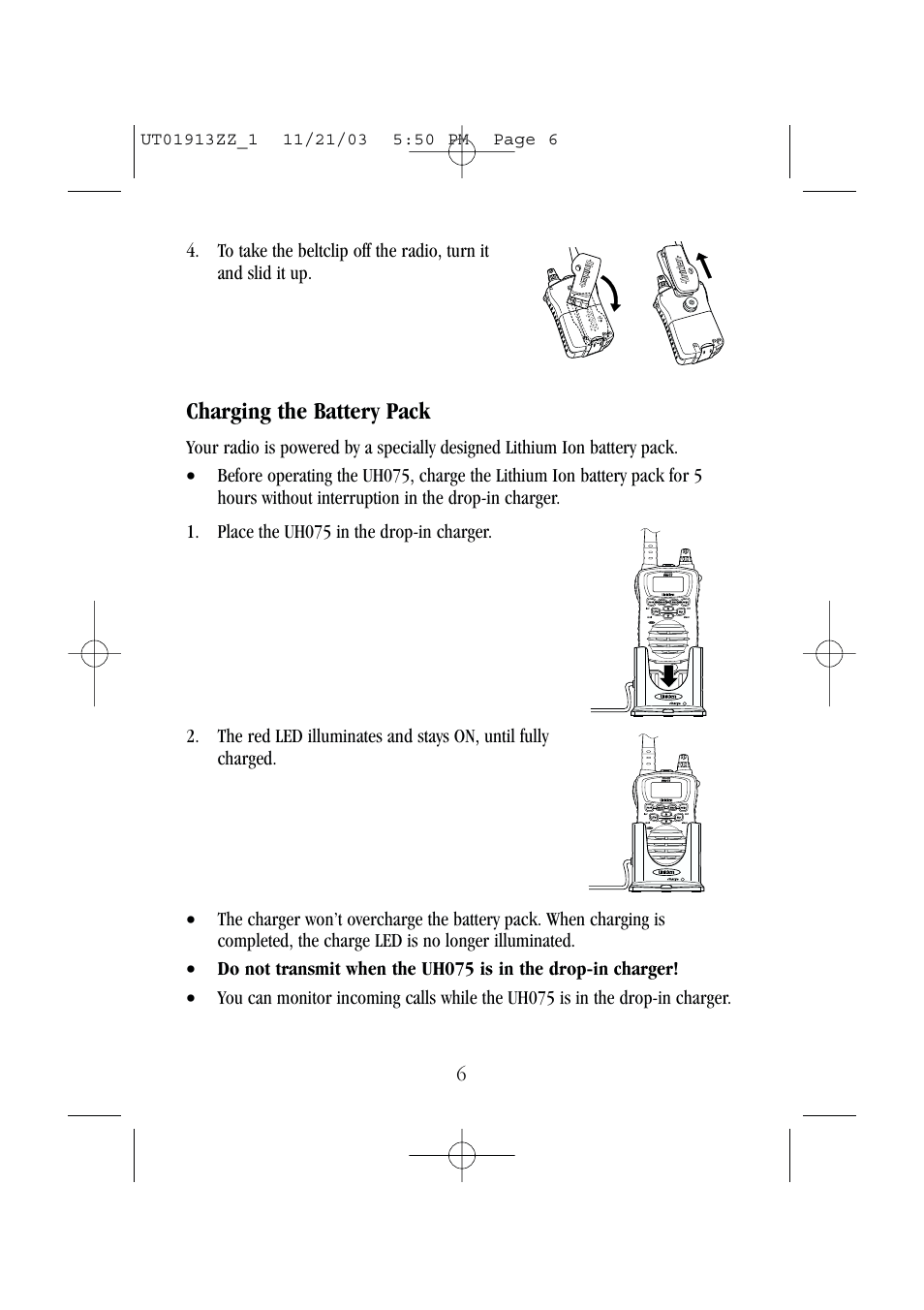 Charging the battery pack | Uniden UH075 User Manual | Page 8 / 30